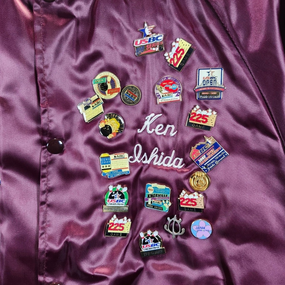 VINTAGE 80's Westark USA Burgundy Satin Bomber Jacket Bowling Pins Pins Large - Picture 7 of 9